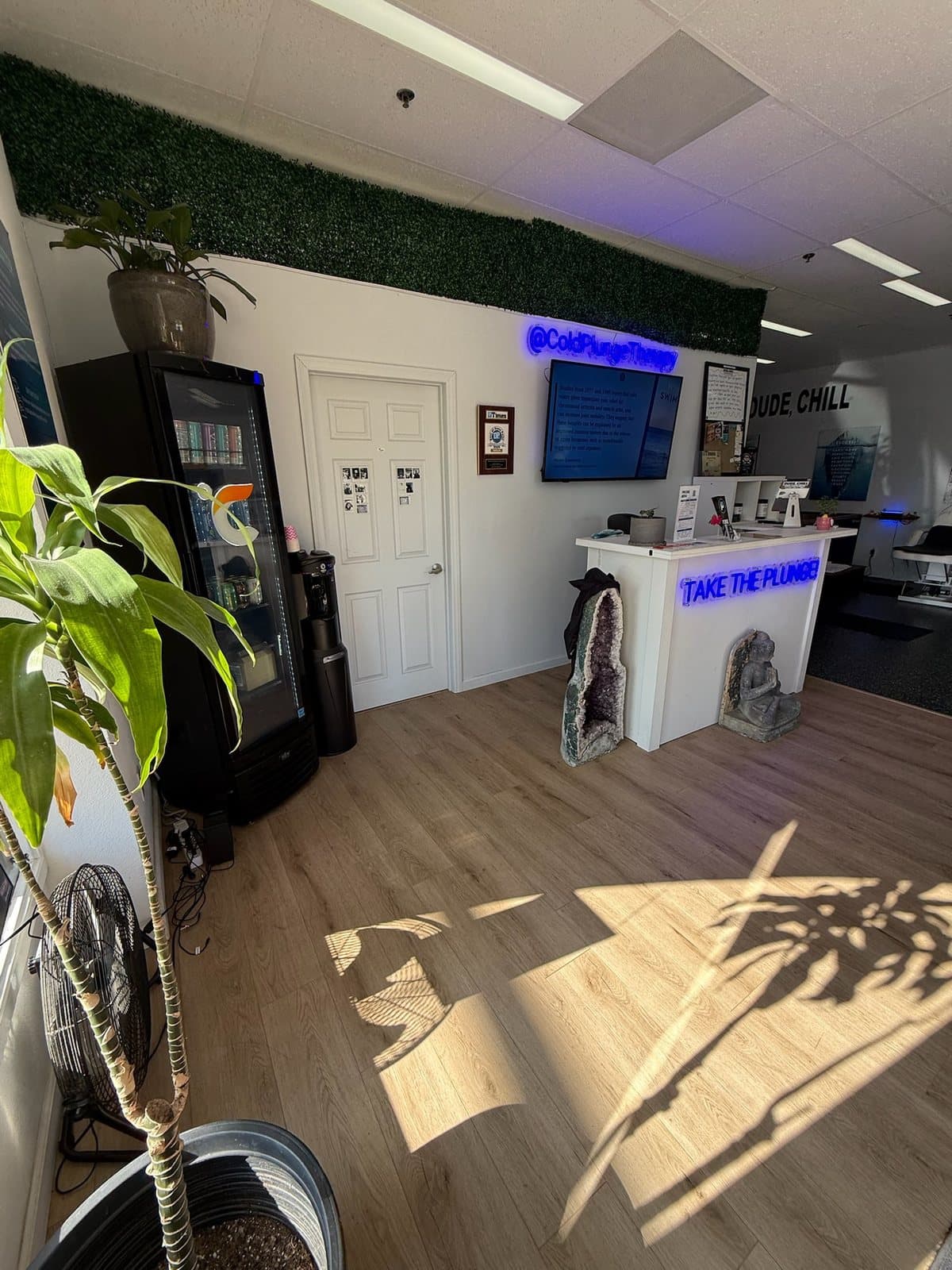Studio lobby with a moss wall, front desk and neon signage