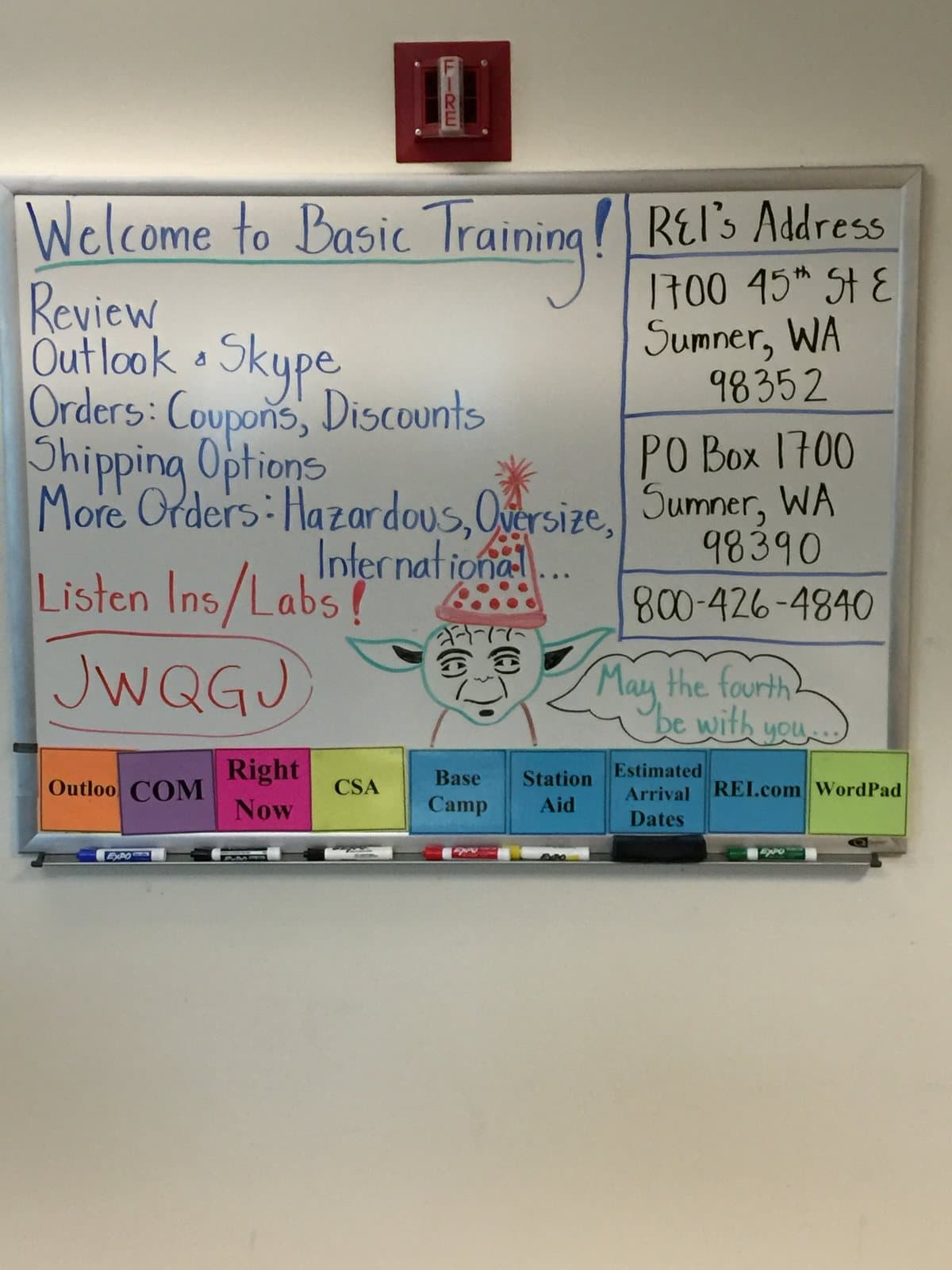 A classroom whiteboard headed Welcome to Basic Training, listing the week one agenda alongside a drawing